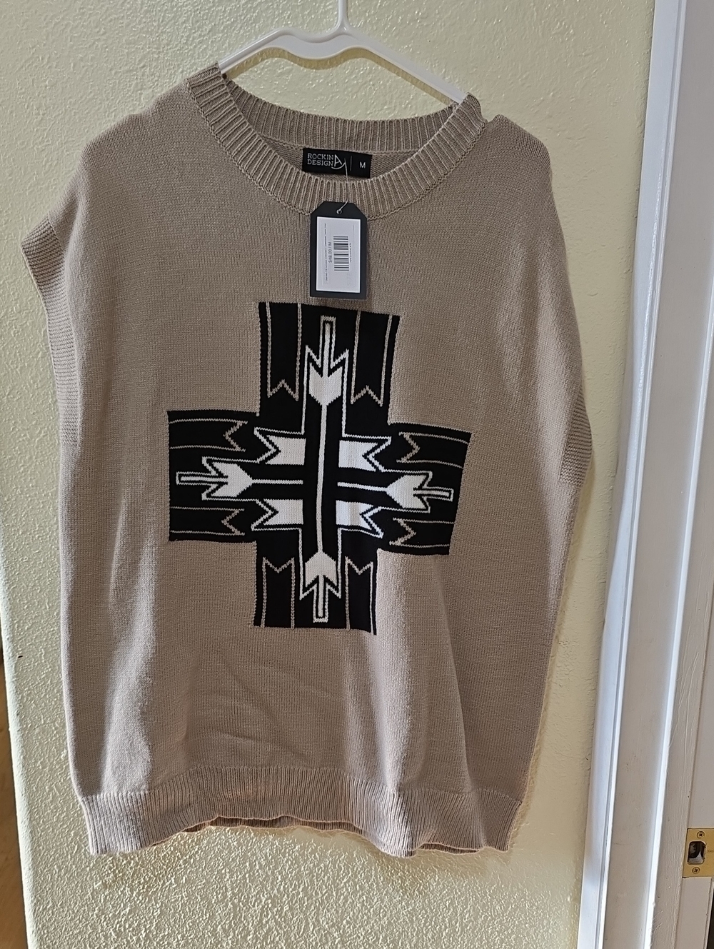 Rockin A Design Beige Knit Sweater Vest with Western Cross Detail